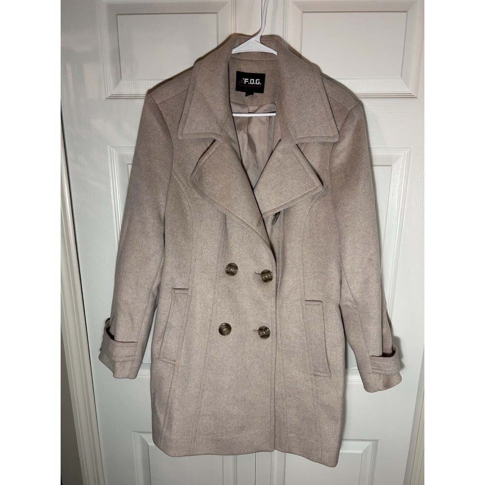F.O.G. Women's Trench Coat Wool Blend Double Breasted Peacoat Jacket Tan XL